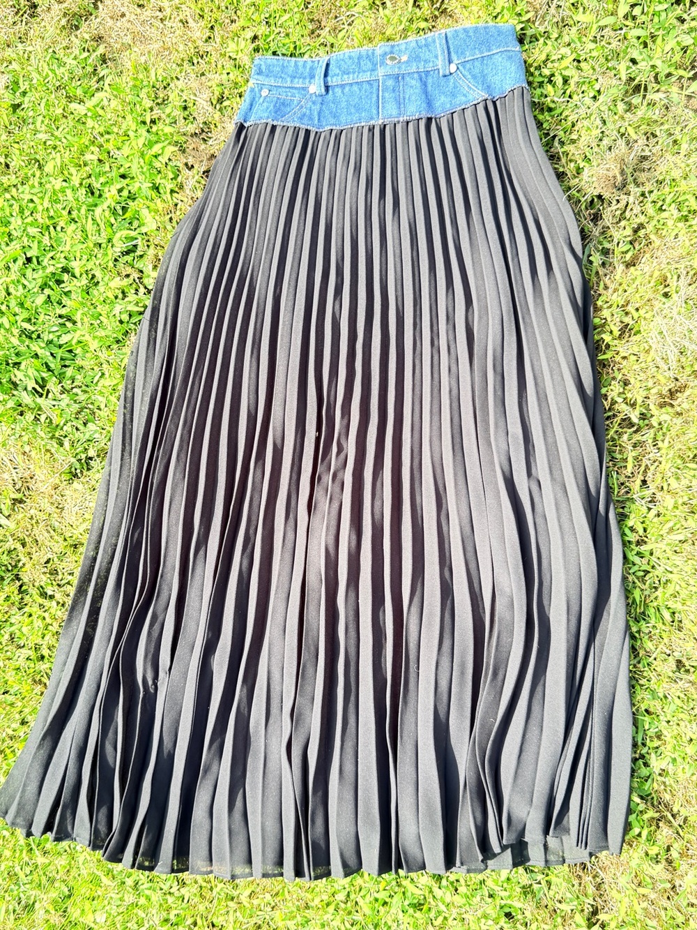 Sandro Black Pleated Midi Skirt with Blue Denim Waistband